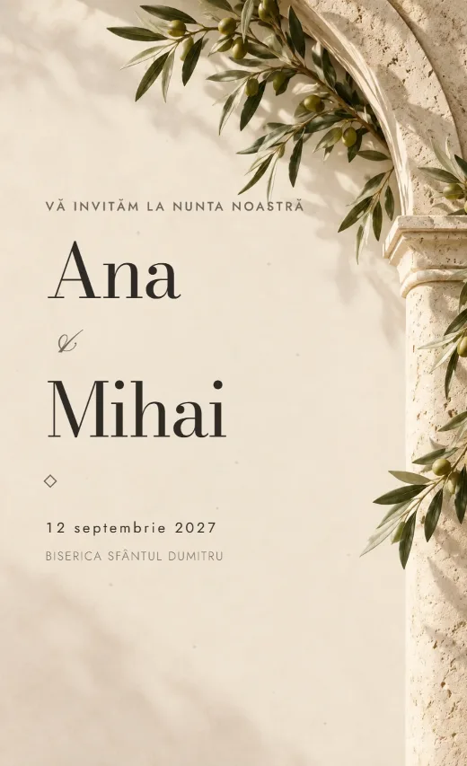 Invitație digitală de nuntă, model Arc de travertin