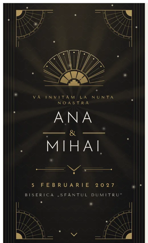 Invitație digitală de nuntă, model Art Deco