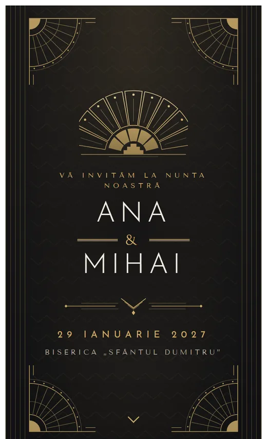 Invitație digitală de nuntă, model Art Deco