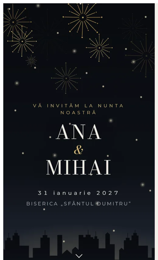Invitație digitală de nuntă, model Artificii