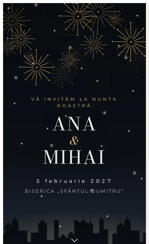 Invitație digitală de nuntă, model Artificii