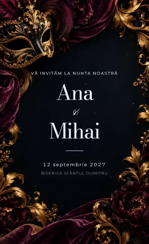 Invitație digitală de nuntă, model Bal venețian