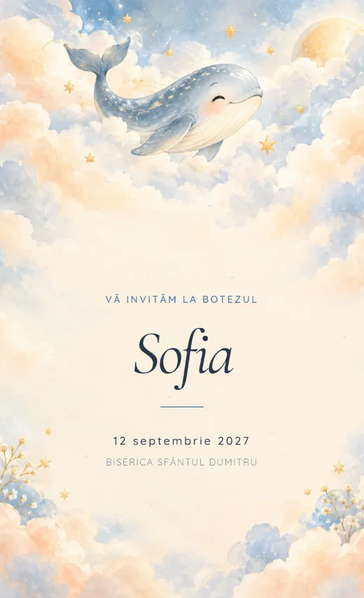 Invitație digitală de botez, model Balena din nori