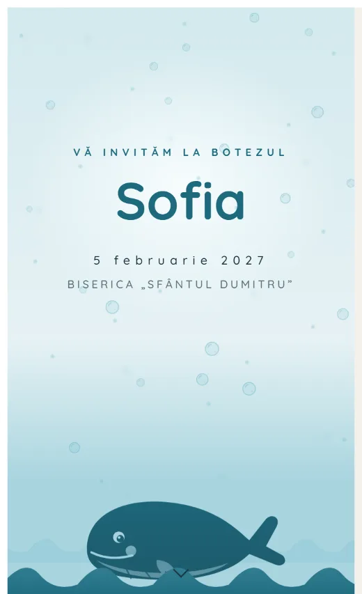 Invitație digitală de botez, model Balenă
