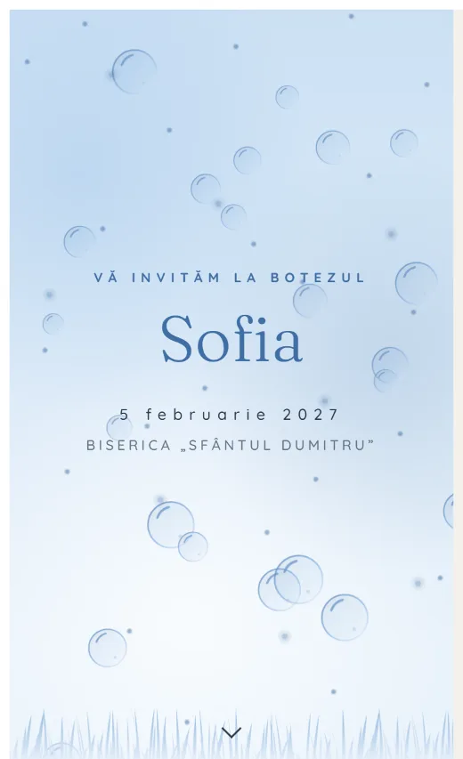 Invitație digitală de botez, model Baloane de săpun