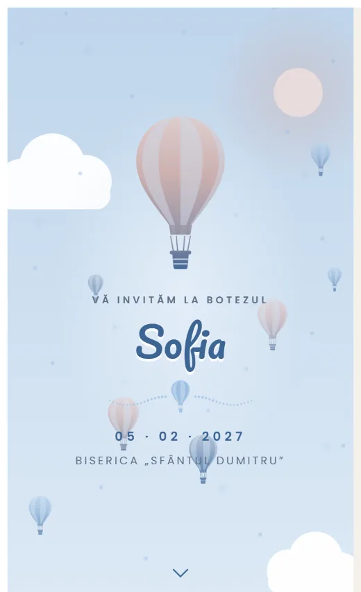 Invitație digitală de botez, model Balon cu aer cald