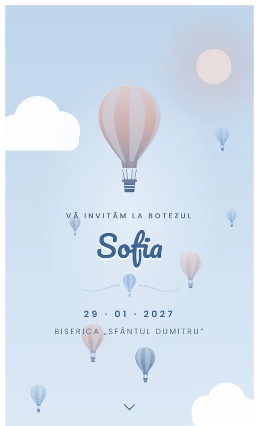 Invitație digitală de botez, model Balon cu aer cald