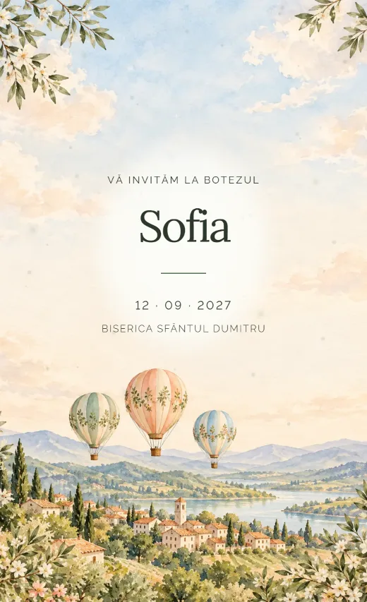 Invitație digitală de botez, model Balon peste dealuri