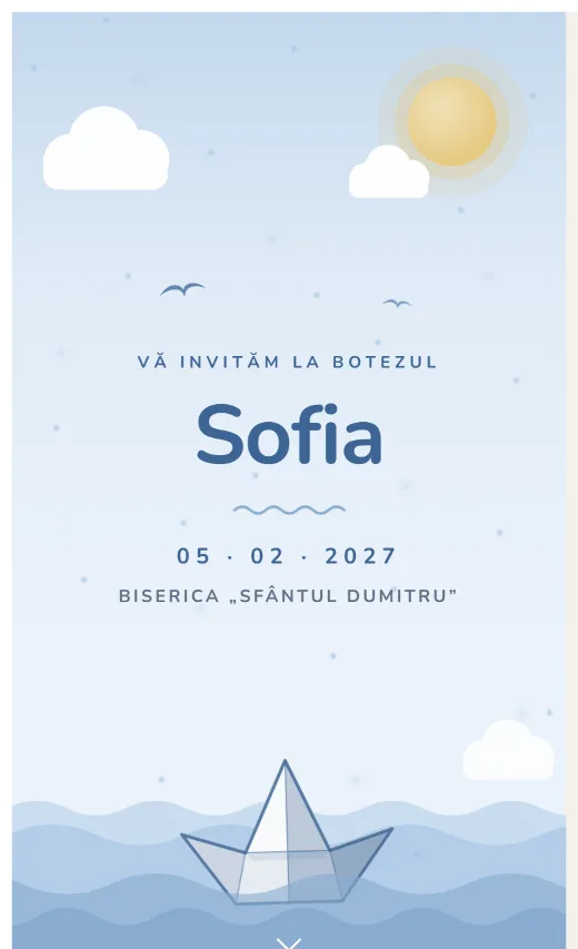 Invitație digitală de botez, model Bărcuță