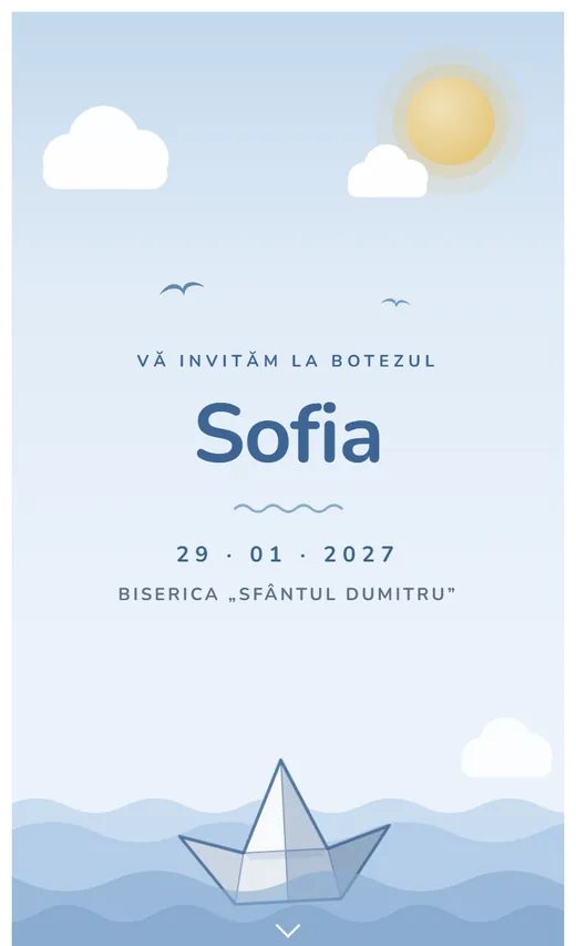 Invitație digitală de botez, model Bărcuță