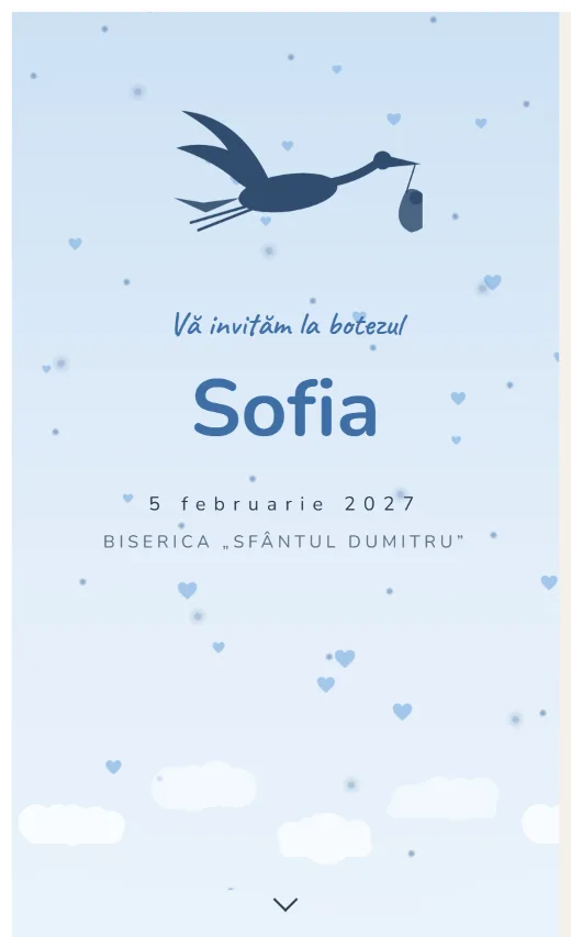 Invitație digitală de botez, model Barză