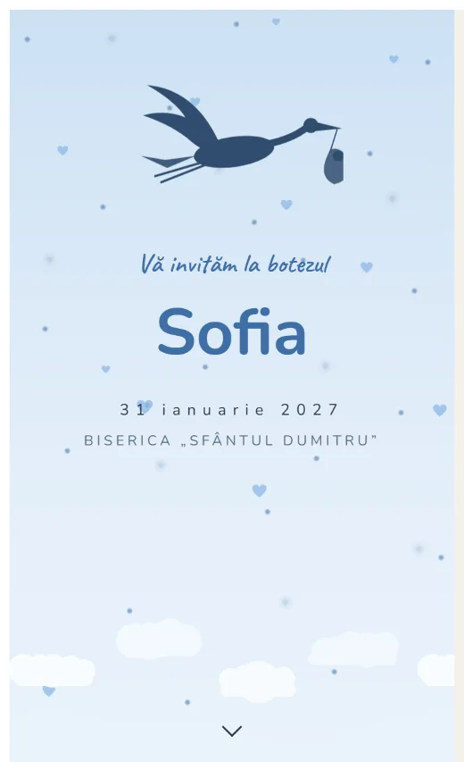 Invitație digitală de botez, model Barză