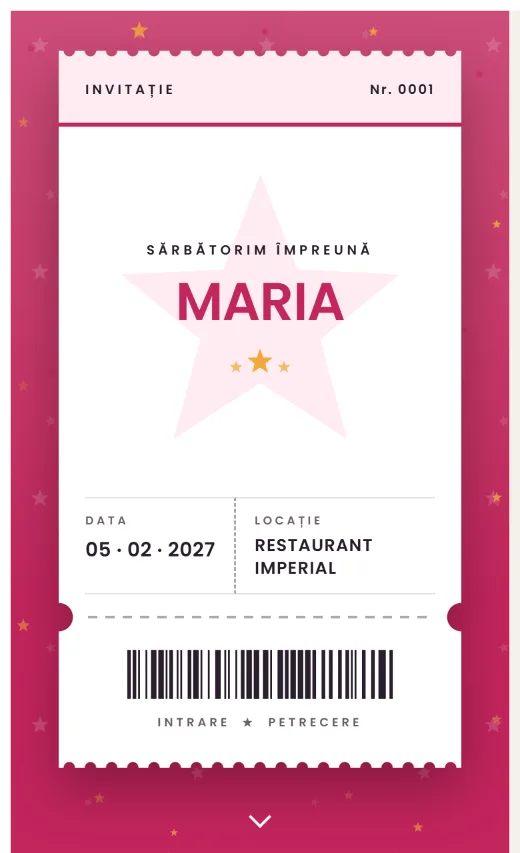 Invitație digitală de aniversare, model Bilet
