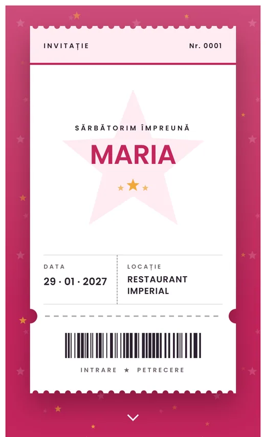 Invitație digitală de aniversare, model Bilet