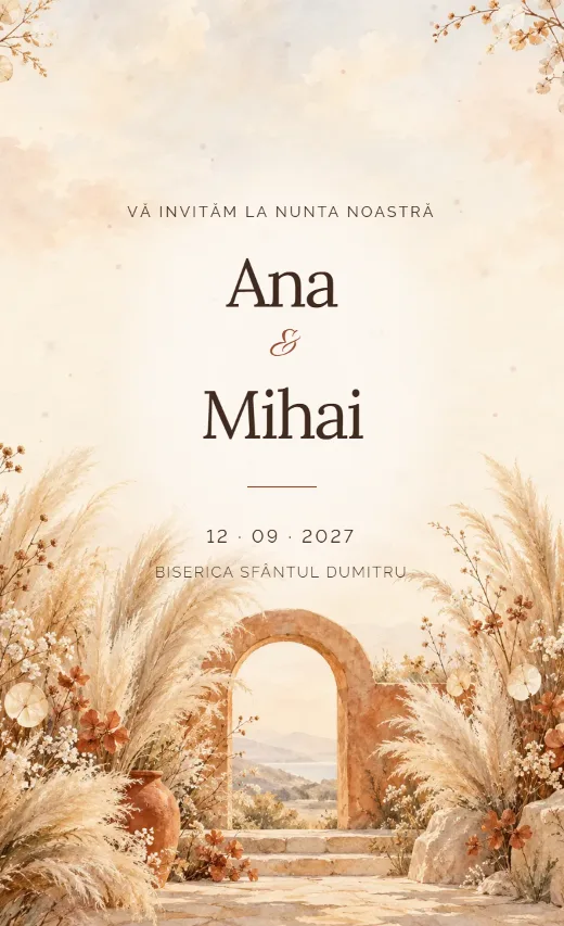 Invitație digitală de nuntă, model Boho cu pampas