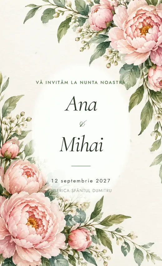 Invitație digitală de nuntă, model Bujori de mătase