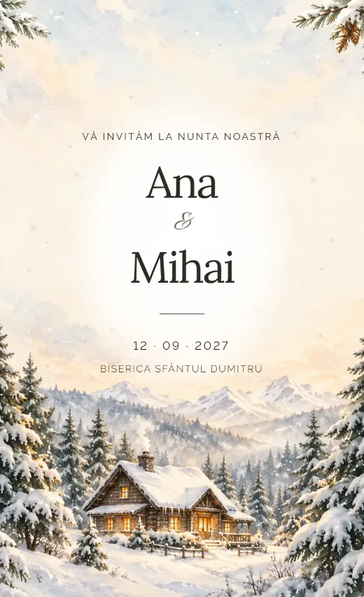 Invitație digitală de nuntă, model Cabană de iarnă