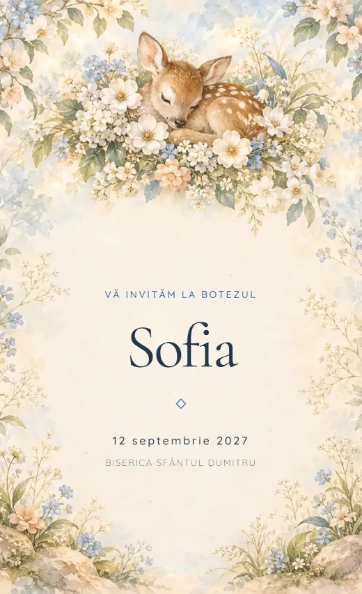 Invitație digitală de botez, model Căprioară blândă
