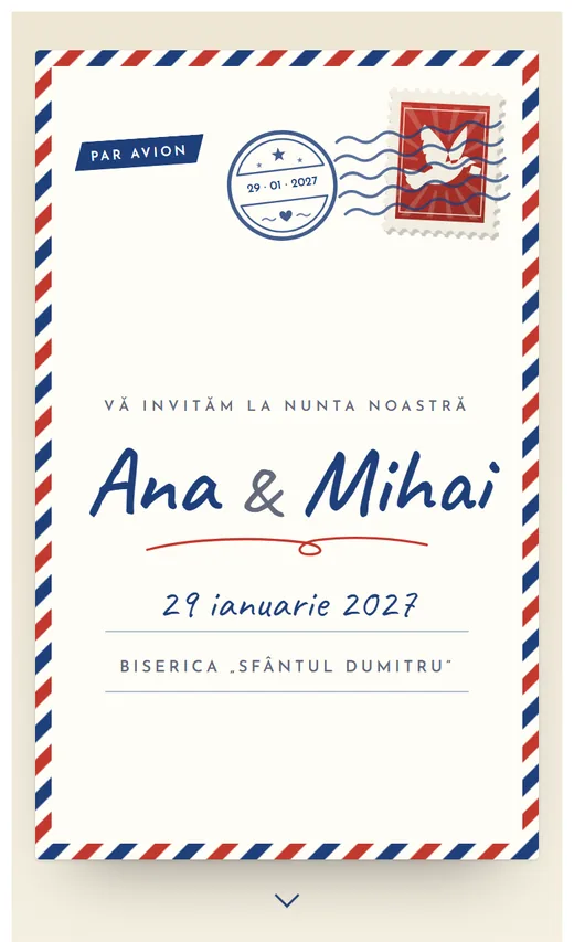 Invitație digitală de nuntă, model Carte poștală