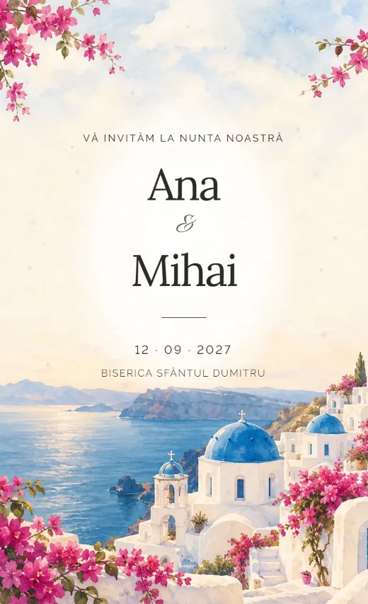 Invitație digitală de nuntă, model Case albe pe mare