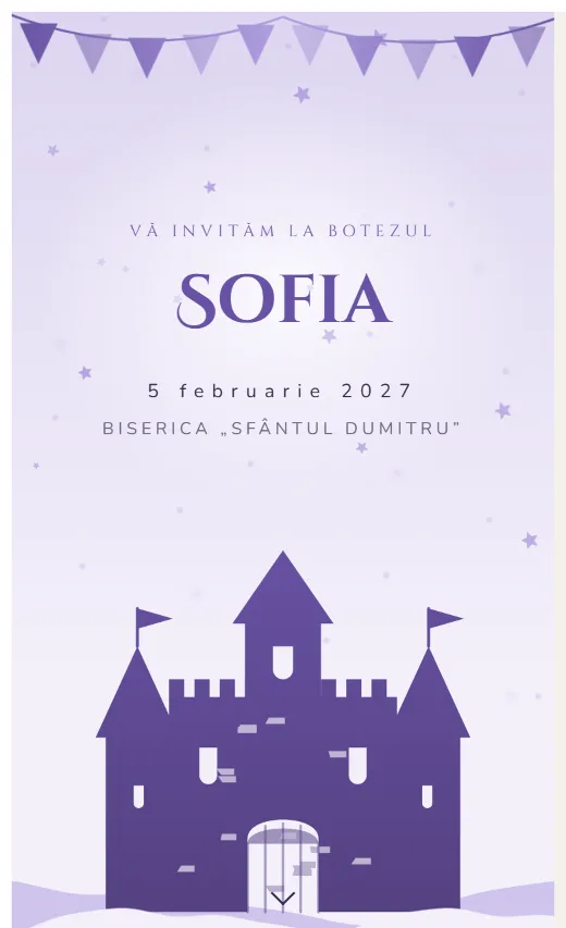 Invitație digitală de botez, model Castel