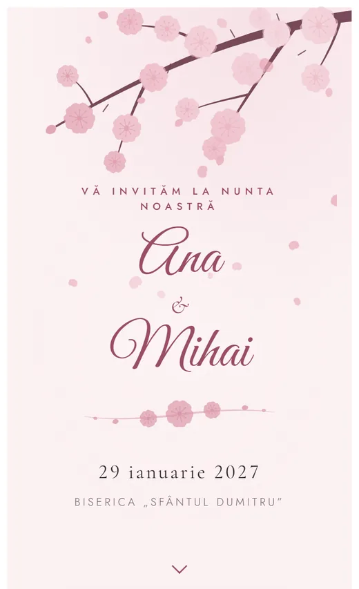 Invitație digitală de nuntă, model Floare de cireș