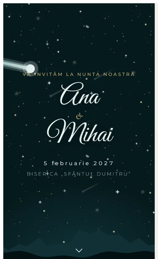 Invitație digitală de nuntă, model Cometă