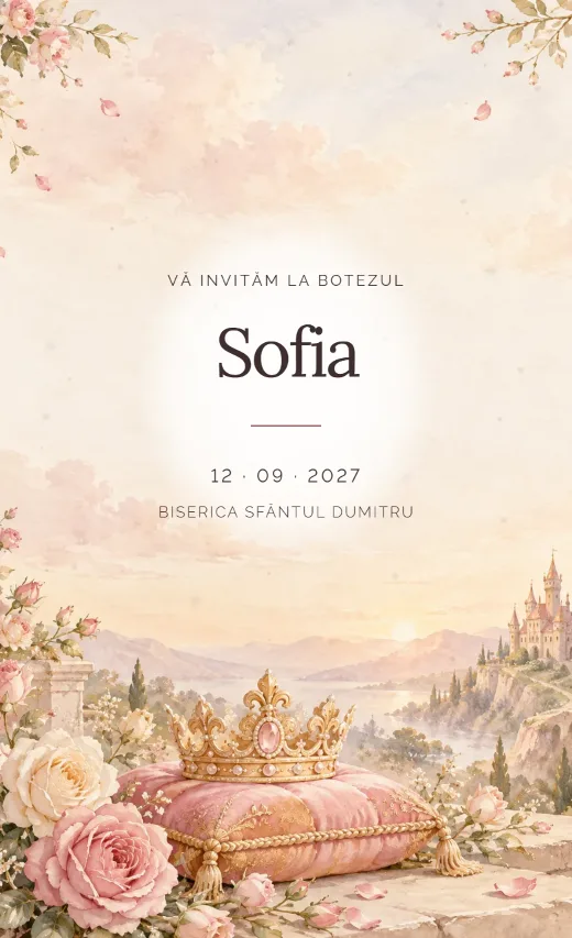 Invitație digitală de botez, model Coroniță de prințesă