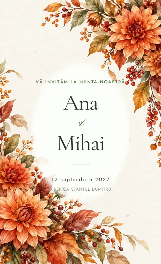 Invitație digitală de nuntă, model Dalie de toamnă