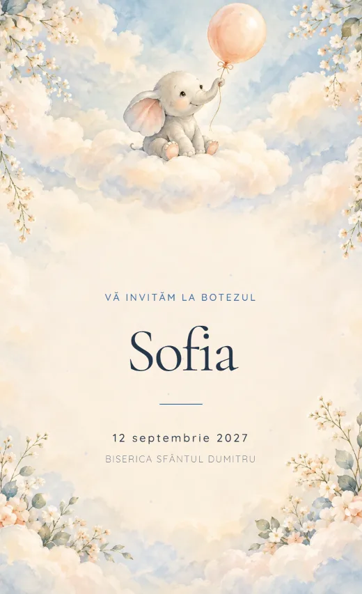 Invitație digitală de botez, model Elefant visător