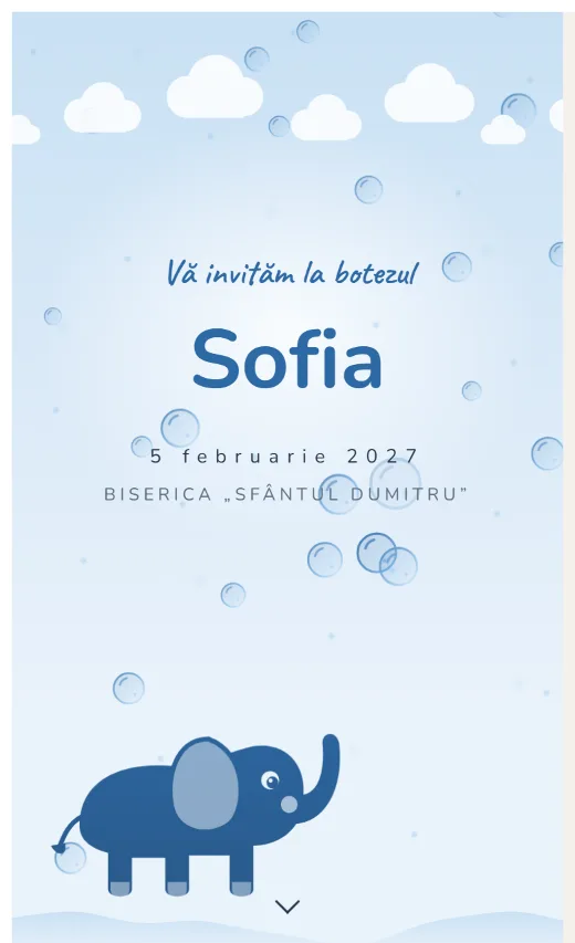Invitație digitală de botez, model Elefănțel