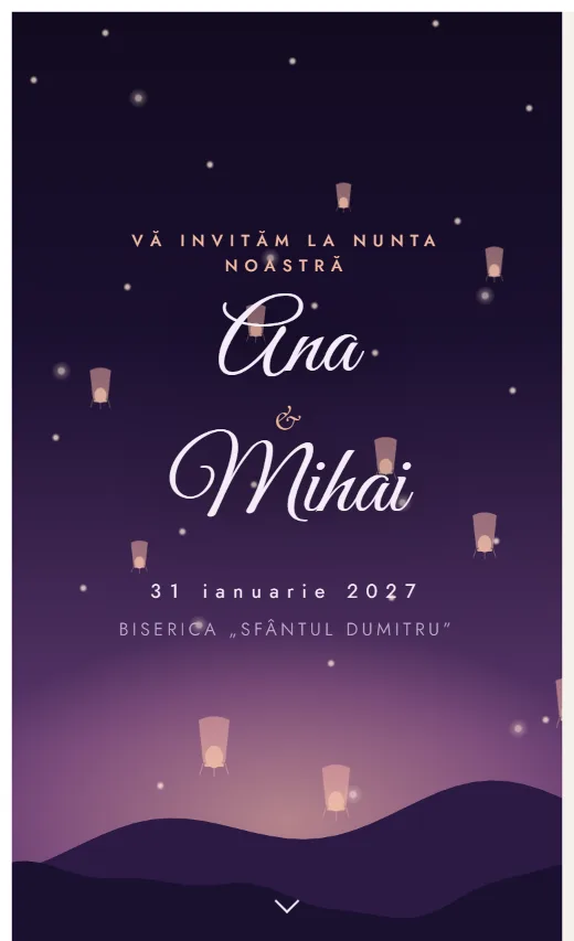 Invitație digitală de nuntă, model Felinare