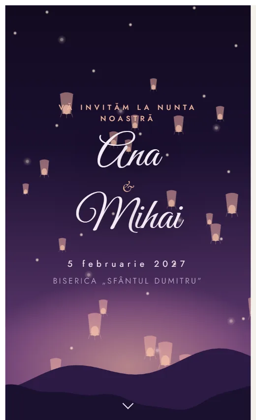 Invitație digitală de nuntă, model Felinare