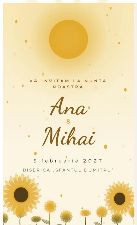 Invitație digitală de nuntă, model Floarea-soarelui
