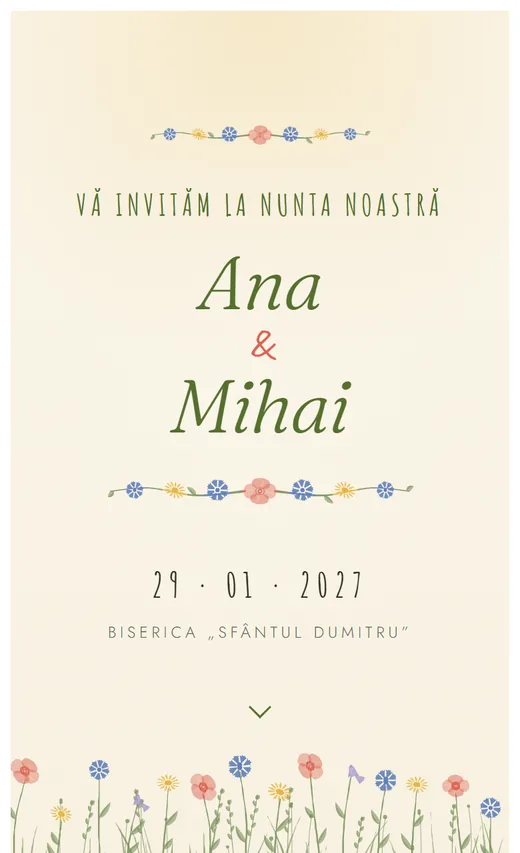 Invitație digitală de nuntă, model Flori de câmp