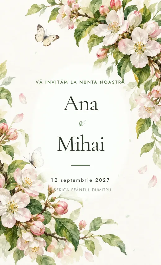 Invitație digitală de nuntă, model Flori de măr
