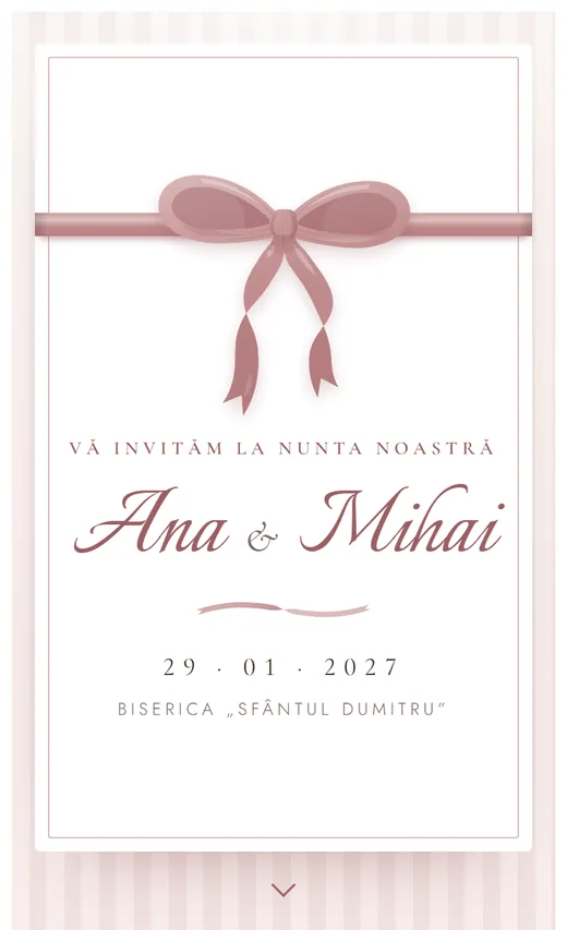 Invitație digitală de nuntă, model Fundă, deschisă pe telefon