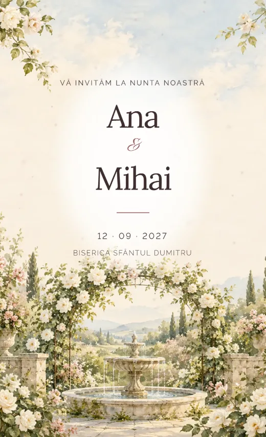 Invitație digitală de nuntă, model Grădina cu trandafiri