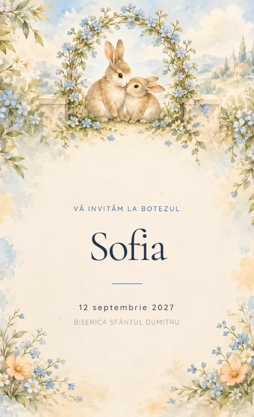 Invitație digitală de botez, model Grădina cu iepuri