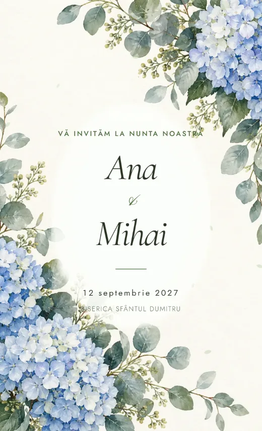 Invitație digitală de nuntă, model Hortensii bleu