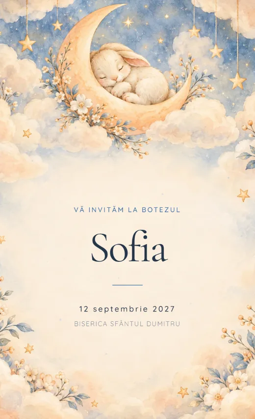 Invitație digitală de botez, model Iepuraș pe lună