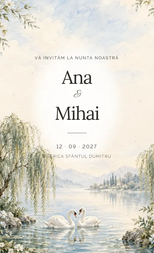 Invitație digitală de nuntă, model Lac cu lebede