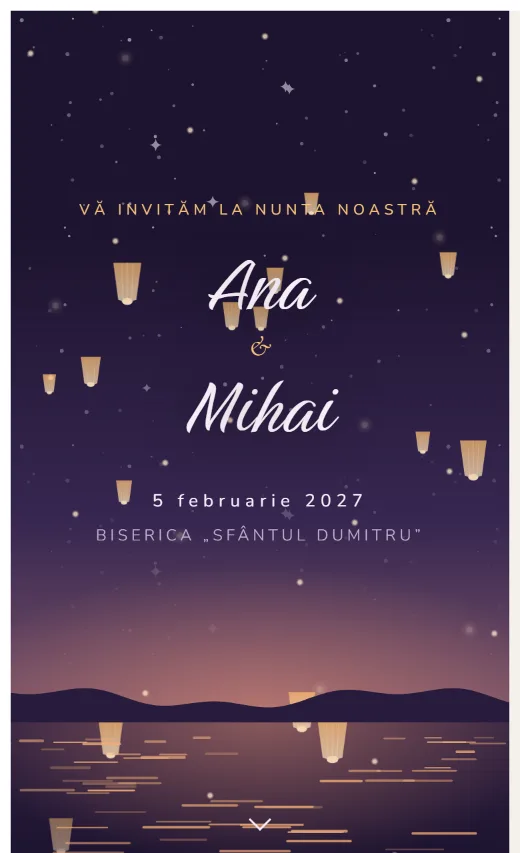 Invitație digitală de nuntă, model Lampioane