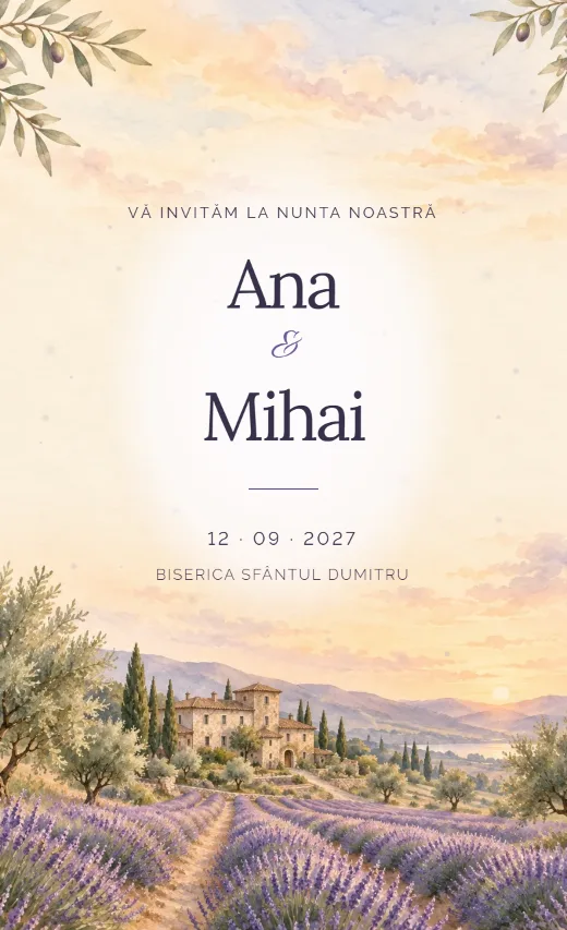 Invitație digitală de nuntă, model Lavandă și conac