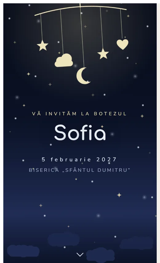 Invitație digitală de botez, model Leagăn