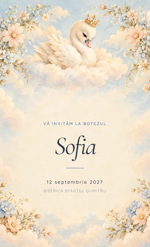 Invitație digitală de botez, model Lebădă de poveste