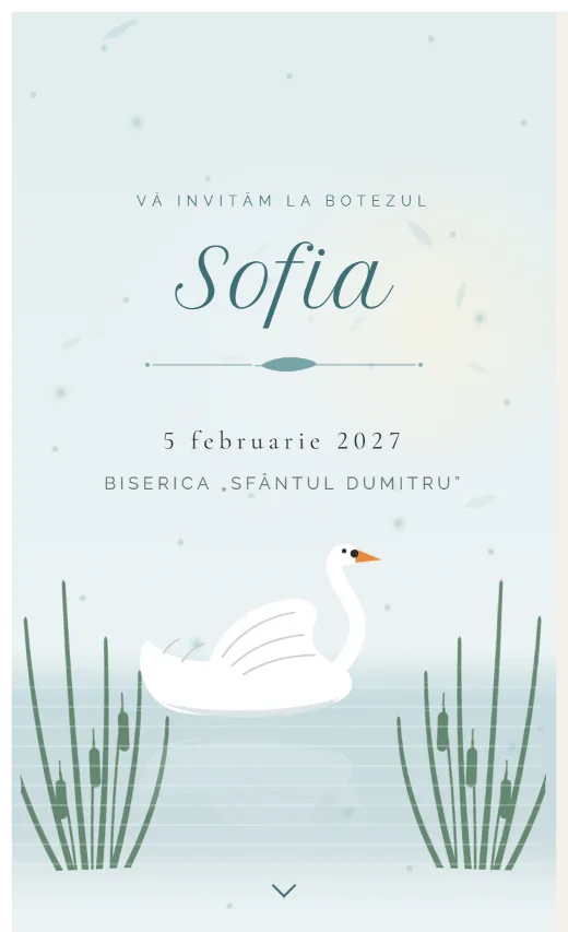 Invitație digitală de botez, model Lebădă
