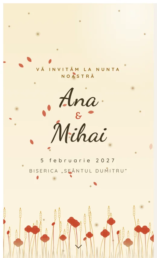 Invitație digitală de nuntă, model Maci în lan