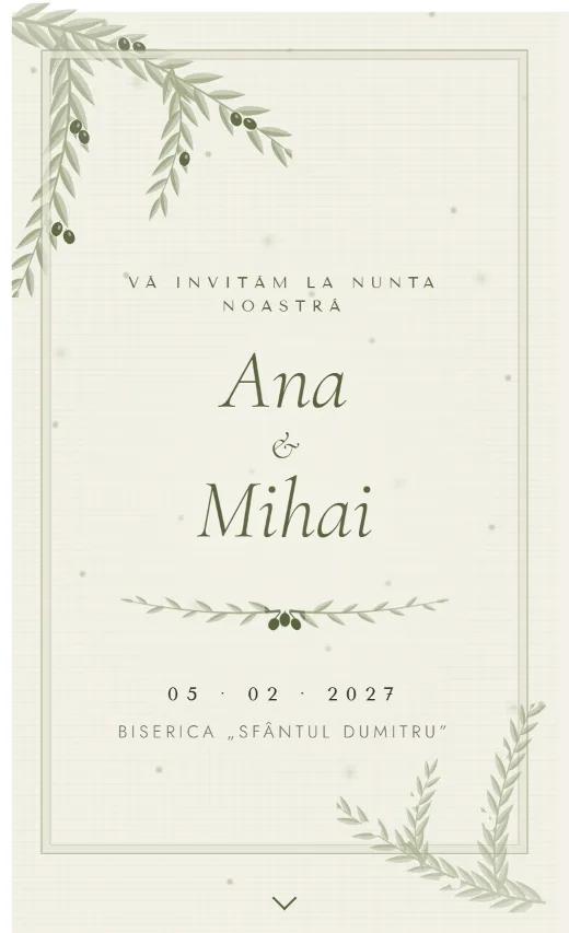 Invitație digitală de nuntă, model Ramură de măslin
