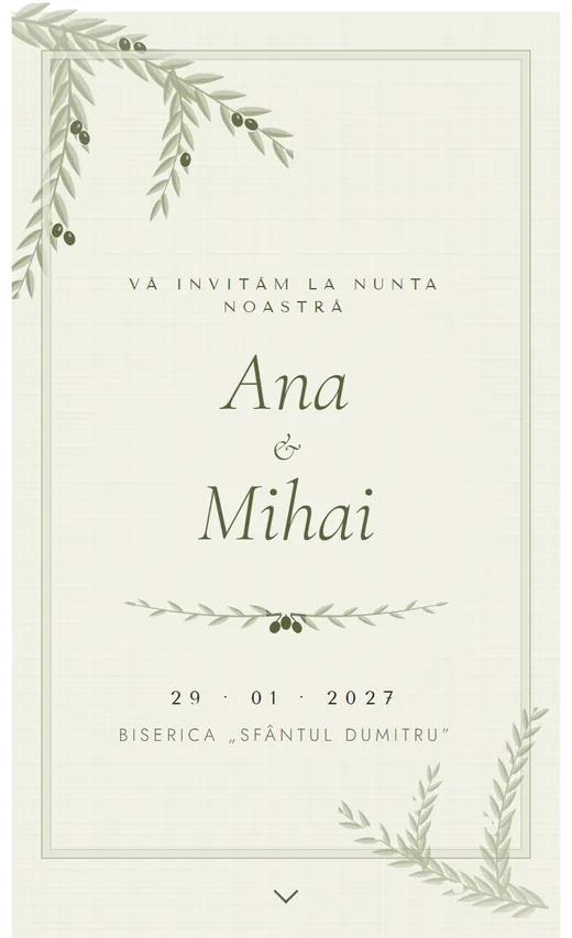 Invitație digitală de nuntă, model Ramură de măslin